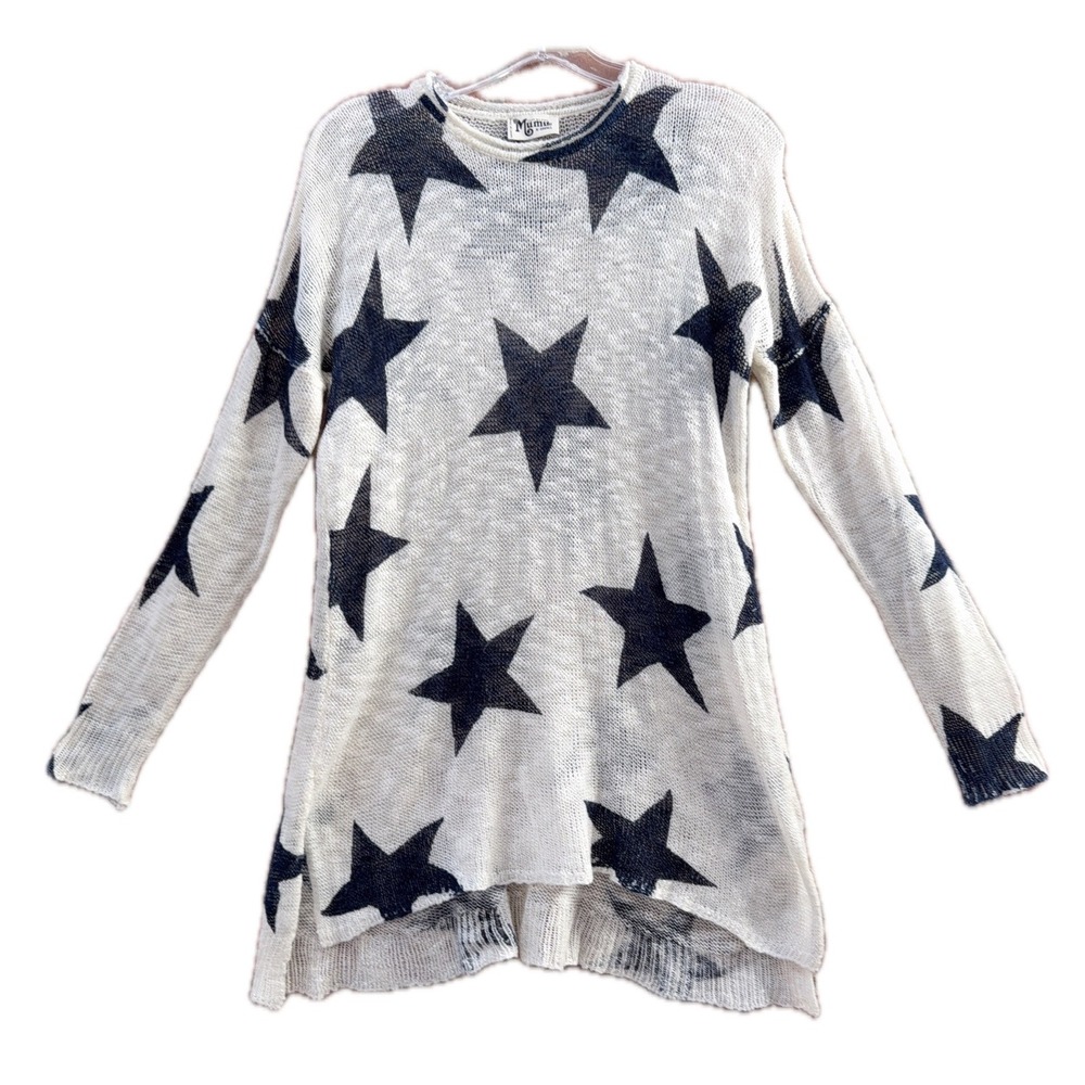 Show Me Your Mumu Bonfire Sweater Stars Knit Oversized Tunic XS‎ White Navy